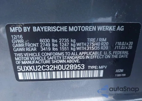 2017 BMW X6 xDrive35I z USA, uszkodzony, nr VIN 5UXKU2C32H0U28953